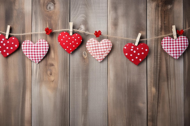 Fondo del día de San Valentín con corazones y pinzas de ropa en la pared de madera