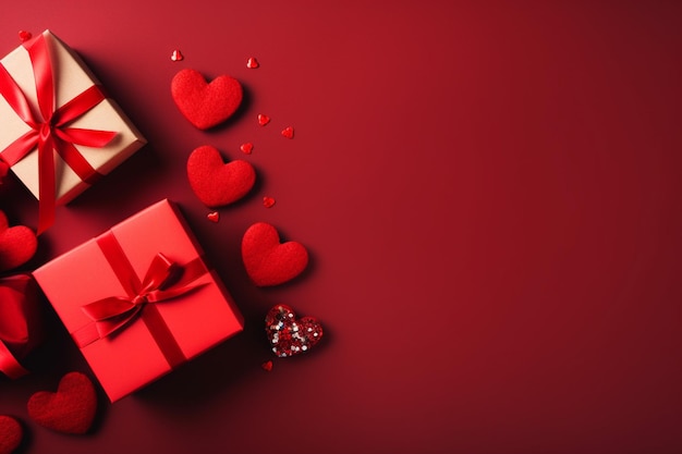 Fondo de día de San Valentín con corazones rojos y caja de regalos en fondo rojo Feliz día de San Valentine