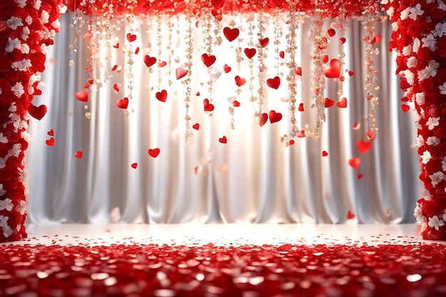 Fondo del día de San Valentín con corazones rojos y cortinas blancas.