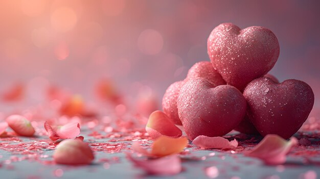 Fondo del día de San Valentín con corazones rojos en fondo bokeh Corazones rojos confeti en fondo rosado Concepto del día de Sant Valentín Un mar de afecto Corazón brillante Explosión de confeti