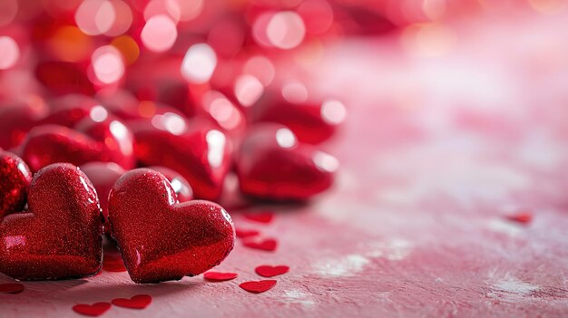 Fondo del día de San Valentín con corazones rojos en fondo bokeh