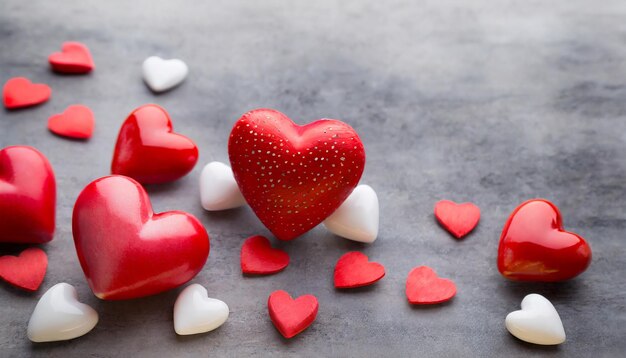 Fondo de día de San Valentín corazones rojos en fondo gris tarjeta de felicitación