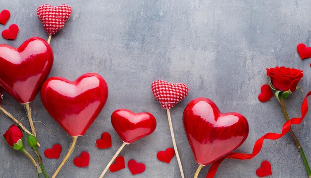 Fondo de día de San Valentín corazones rojos en fondo gris tarjeta de felicitación