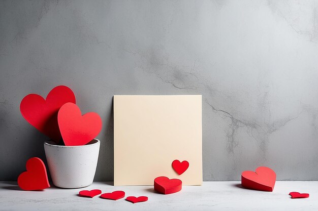 Foto fondo del día de san valentín con corazones rojos y un papel en blanco sobre una vieja mesa de hormigón