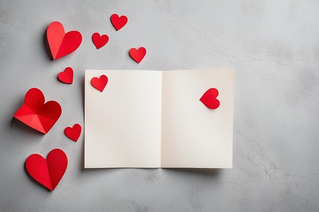 Foto fondo del día de san valentín con corazones rojos y un papel en blanco sobre una vieja mesa de hormigón