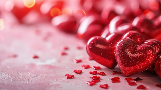 Fondo del día de San Valentín con corazones rojos sobre fondo bokeh