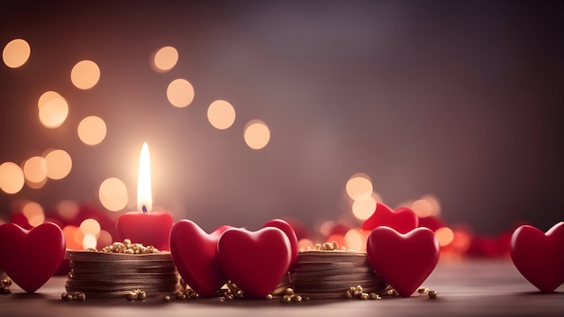 Fondo del día de San Valentín con corazones rojos, velas y luces bokeh