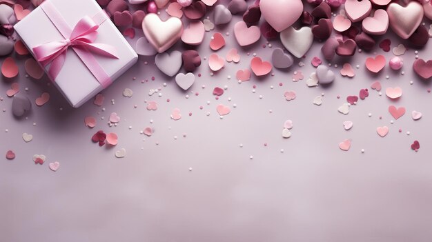 Fondo de día de San Valentín con corazones rosados y caja de regalos