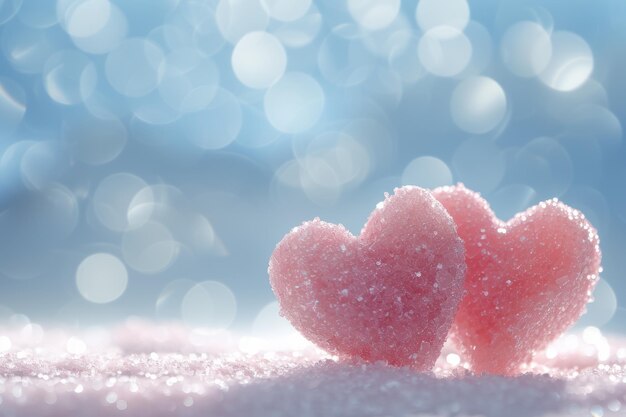 Fondo del día de San Valentín con corazones rosados en la nieve y luces bokeh copia el espacio
