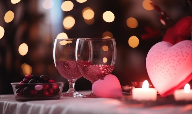 Foto fondo del día de san valentín con dos vasos de vino, velas y corazones