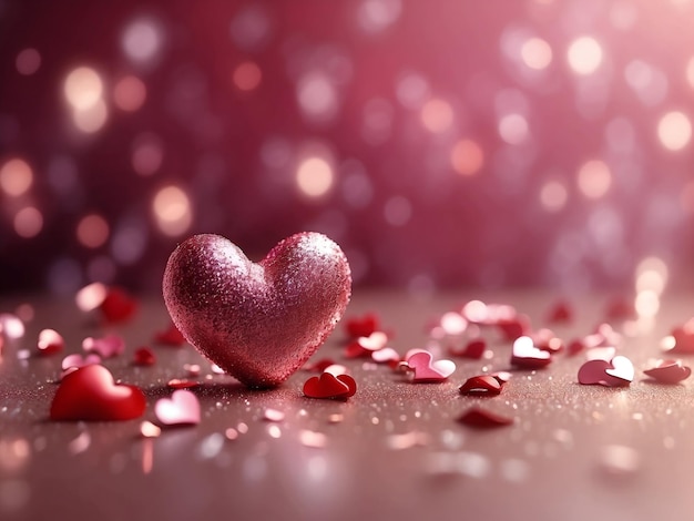 El fondo del día de San Valentín es de vidrio, corazones rojos, brillo, pétalos de rosa.