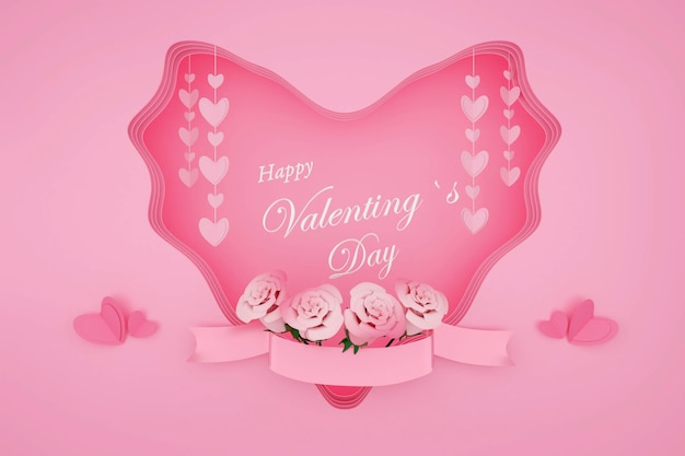 Fondo del día de San Valentín en estilo papel Con motivo del amor, 14 de febrero sobre un fondo rosa Representación 3D