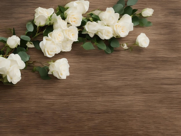 Fondo del día de San Valentín Flatlay de flores blancas sobre fondo de madera Ilustraciones generativas de IA