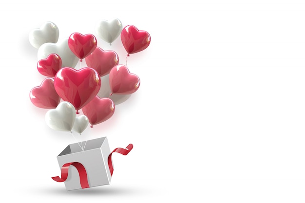 Fondo del día de San Valentín con globo 3D representación flotando fuera de la caja.