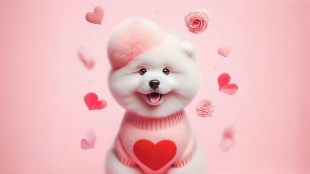 Fondo del día de San Valentín con un lindo cachorro en un fondo aislado rosado
