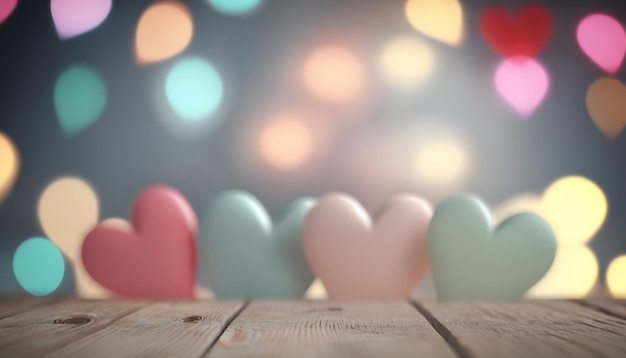 fondo del día de san valentín con mesa de madera vacía para exhibición de productos, luces bokeh