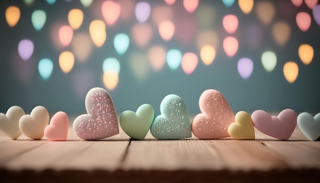 fondo del día de san valentín con mesa de madera vacía para exhibición de productos, luces bokeh