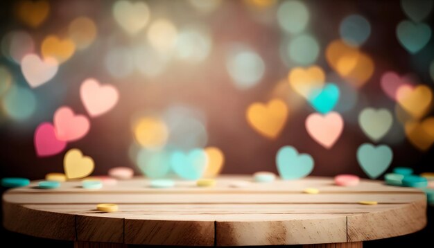 fondo del día de san valentín con mesa de madera vacía para exhibición de productos, luces bokeh