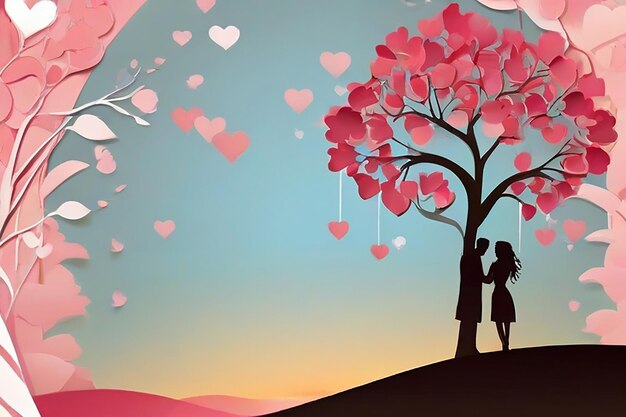 Foto fondo del día de san valentín con pareja romántica y árbol de corazones