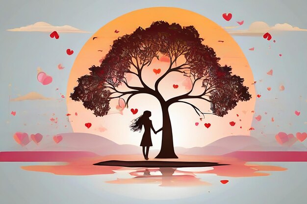 Foto fondo del día de san valentín con pareja romántica y árbol de corazones