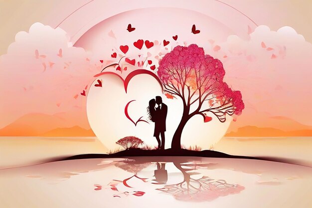 Fondo del día de San Valentín con pareja romántica y árbol de corazones