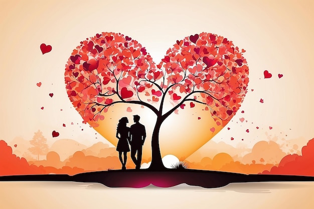 Foto fondo del día de san valentín con pareja romántica y árbol de corazones