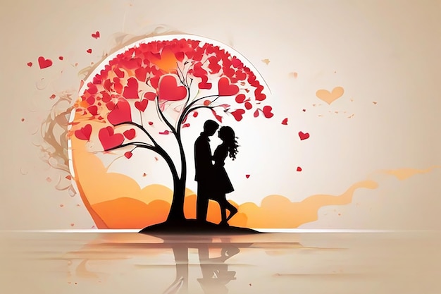 Foto fondo del día de san valentín con pareja romántica y árbol de corazones