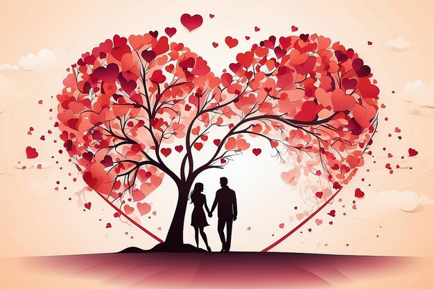 Foto fondo del día de san valentín con pareja romántica y árbol de corazones