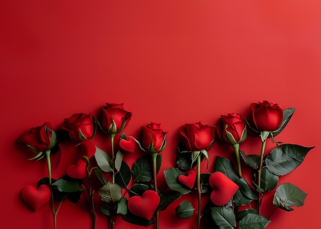 Foto fondo de día de san valentín con rosas rojas y corazones en la superficie de fondo