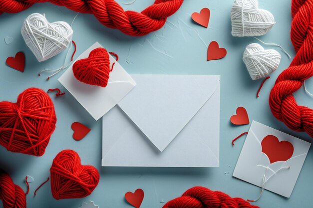 Foto fondo del día de san valentín sobre con hilo rojo y corazones sobre fondo azul