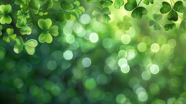 fondo del día de St. Patrick con bokeh verde y hojas de trébol para el diseño