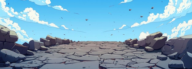 fondo de dibujos animados de un cielo de carretera de piedra y rocas en los lados