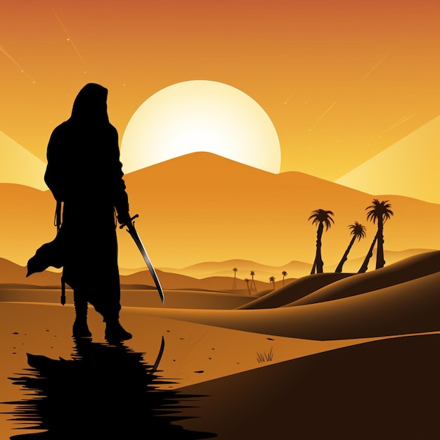 fondo dibujos animados del desierto hombres con guerrero de Oriente Medio espada de cimitarra en la mano generativo Ai