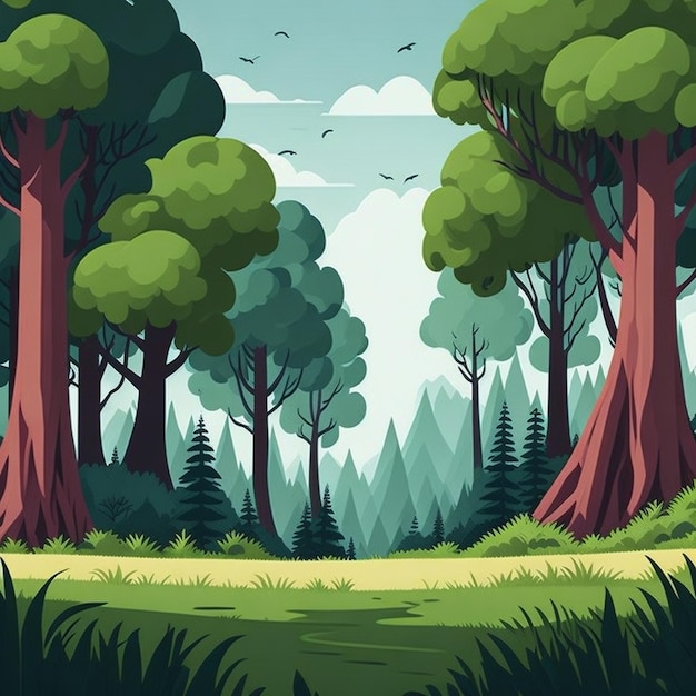 Fondo de dibujos animados de escena de paisaje de bosque de naturaleza en blanco 2d