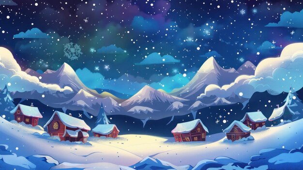 Foto fondo de dibujos animados con estrellas nubes y montañas cubiertas de nieve con casas papel tapiz