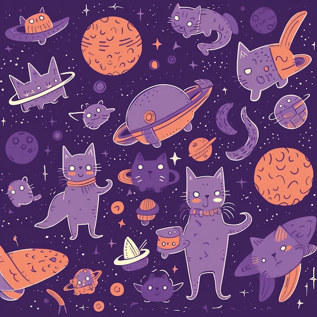 El fondo de dibujos animados de gatos juguetones es un deleite púrpura vibrante