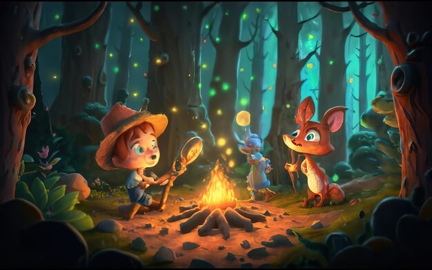 fondo de dibujos animados participando en una aventura divertida en un bosque mágico