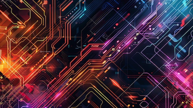 Fondo digital abstracto con líneas brillantes y diseño de placa de circuitos