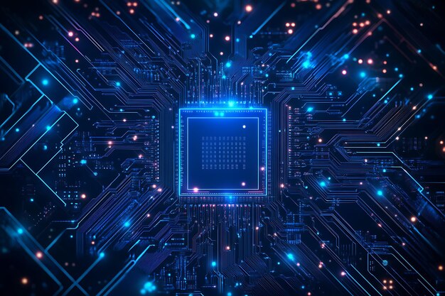 Fondo digital abstracto con líneas de circuitos azules brillantes y elementos interconectados que representan la innovación tecnológica avanzada y los sistemas informáticos modernos