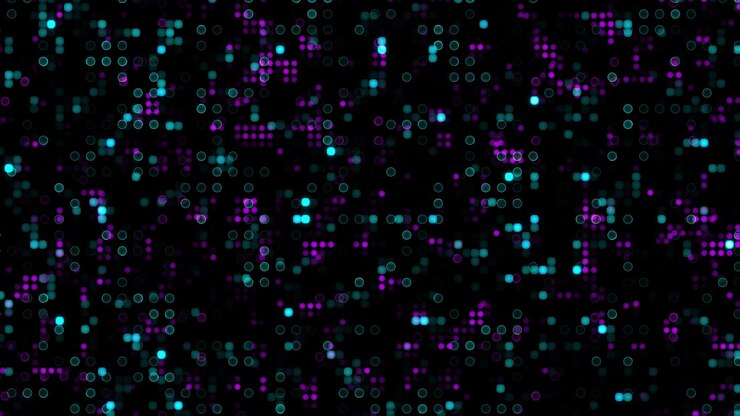 Foto fondo digital abstracto con píxeles azules y púrpuras brillantes sobre un fondo negro