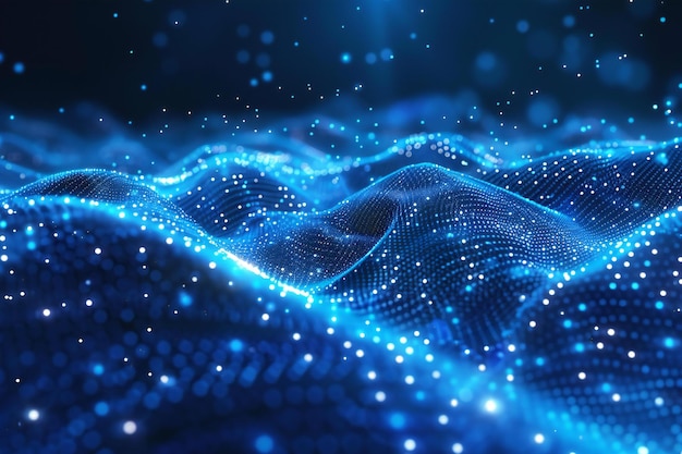 Un fondo digital azul abstracto con puntos brillantes una onda de partículas moviéndose en la pantalla