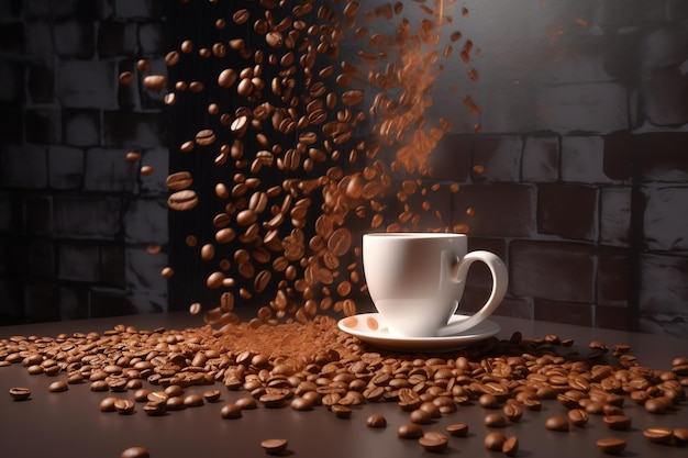 Fondo dinámico de taza de café y granos de café