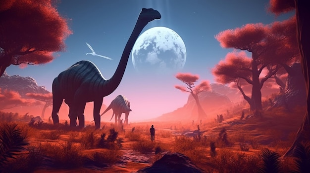 un fondo de dinosaurio con arte digital Redish y blue sky