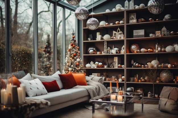 Fondo de diseño de interiores navideño de habitación contemporánea IA generativa