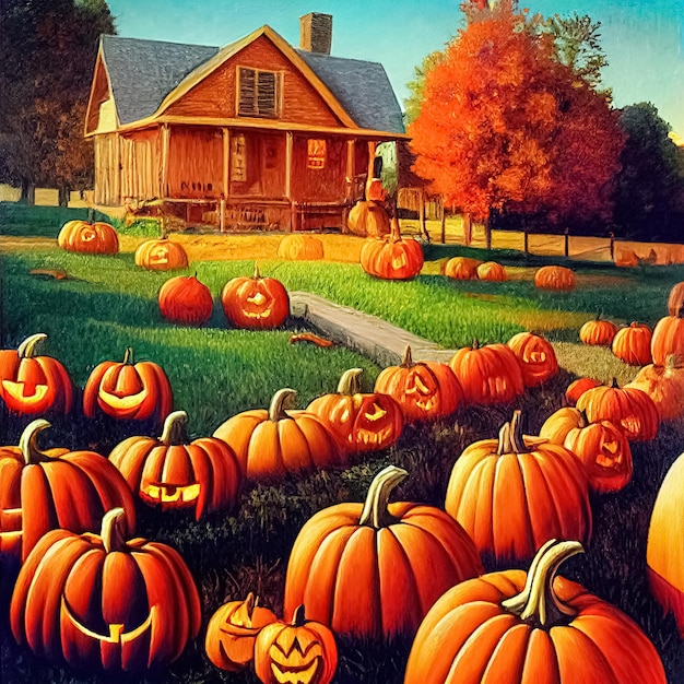 Fondo de diseño misterioso de Halloween con calabazas Ilustración 3D de Jack O' Lanterns