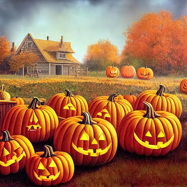 Fondo de diseño misterioso de Halloween con calabazas Ilustración 3D de Jack O' Lanterns