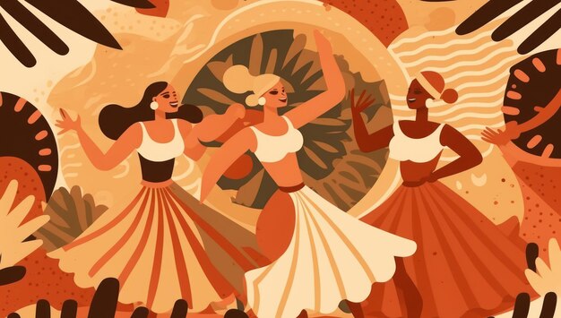 Fondo de diseño plano del 20 de julio con mujeres o familiares y perros bailando con música de acordeón