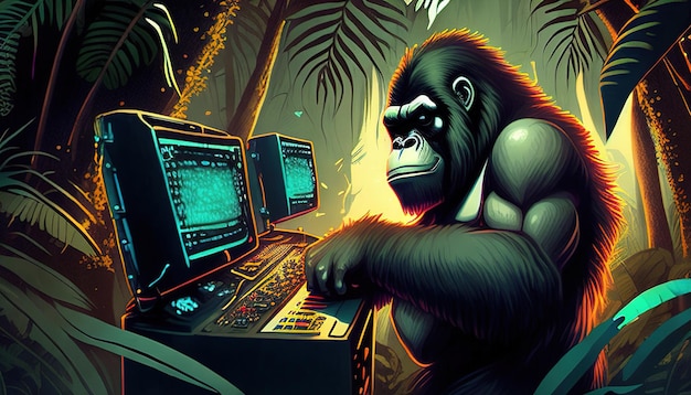 Fondo de dj de gorila con ilustración de color de altavoces