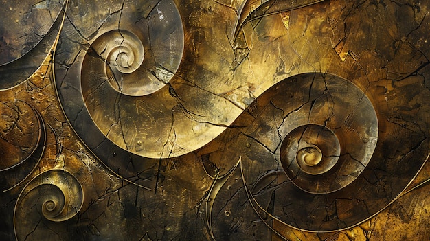 Fondo dorado abstracto con una superficie agrietada y un patrón en espiral
