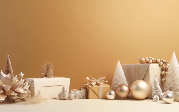 Un fondo dorado de navidad con bolas blancas, regalos y un árbol de navidad blanco.